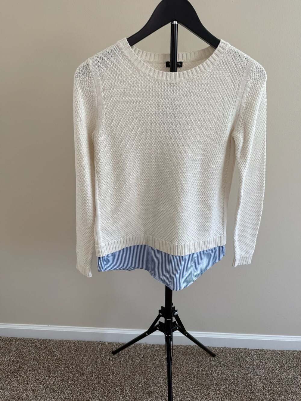 Talbots Petites Ivory Knit Sweater with Blue Striped Faux Shirt Tail Layered Hem